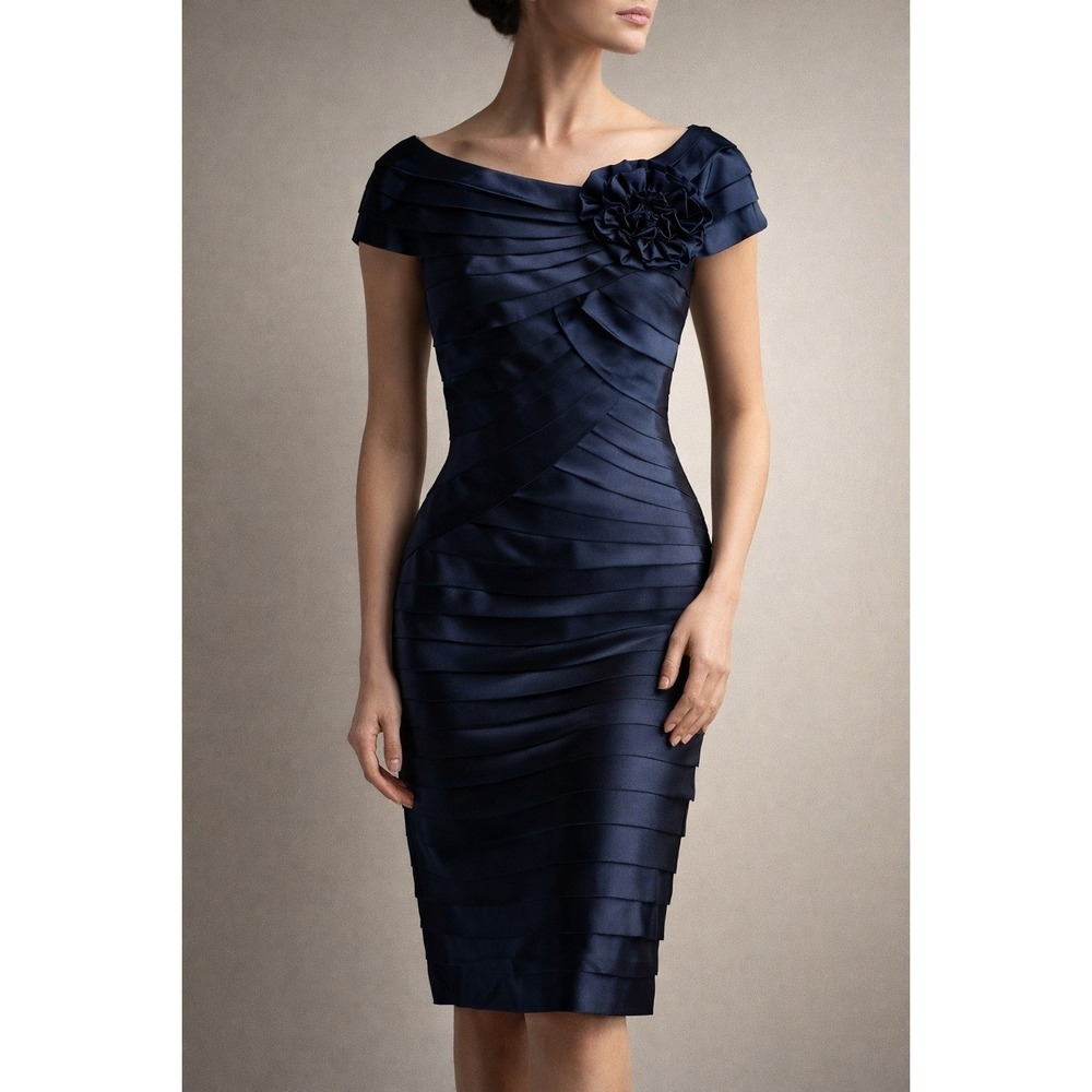 Tadashi Shoji Size 10 Navy Satin‎ Rosette Pleated Sheath Cocktail Dress